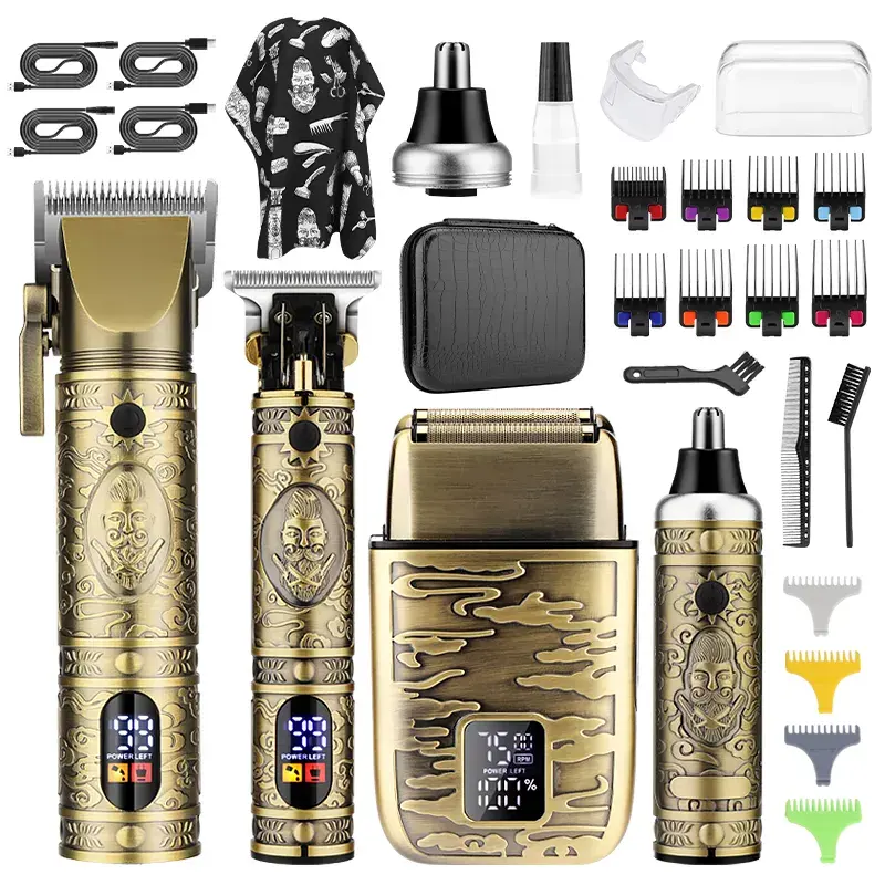 Últimas dos homens profissionais Cabelo Clipper Barba Grooming Set 4 em 1 Retro Barbeador Elétrico Nariz Cabelo e Barba Trimmer Set