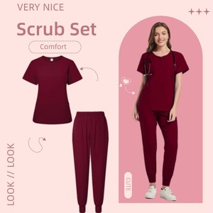 Venta al por mayor cremallera cuello redondo manga corta Top médico Scrub vendedores mujeres uniformes médicos elásticos conjuntos Hospital - Product Image 4