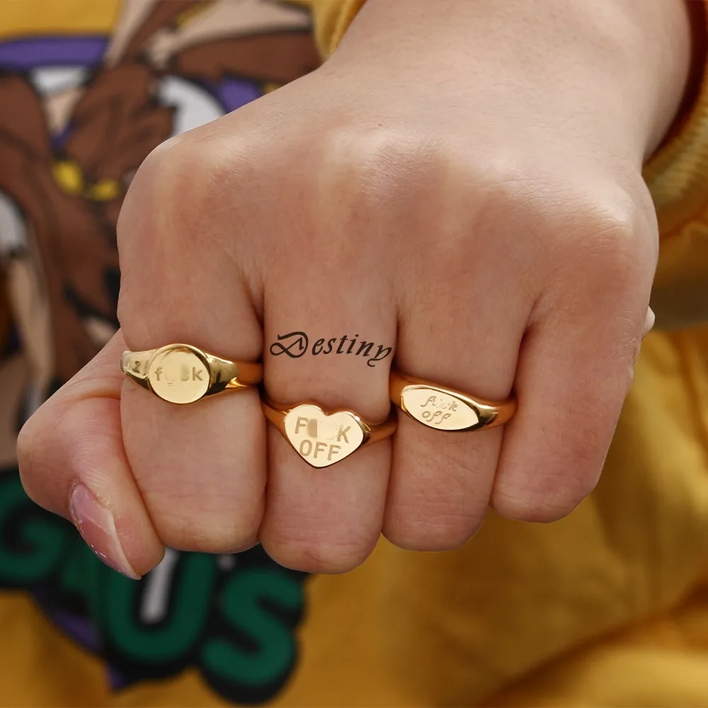 2022 Trendy Heart Oval Shape 18K Gold Plated Personalized Custom Pattern Text Name Letter Ring