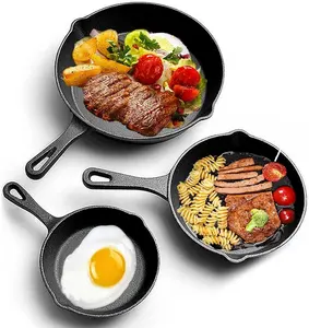 Hot Selling Pre Seasoned Cookware Set 6 8 10 Inch Cast Iron Round Skillet Frying Pan For Steak Egg Pizza