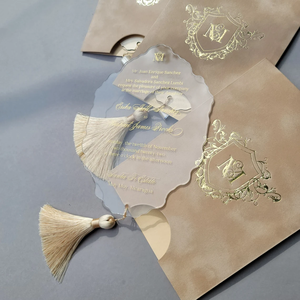 Ensemble d'invitations de baptême personnalisées enveloppe de velours de baptême 1er <span class=keywords><strong>anniversaire</strong></span> presse de feuille d'or glands d'<span class=keywords><strong>invitation</strong></span> de mariage en acrylique transparent - Product Image 6
