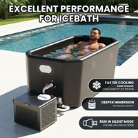 Baignoire à glace gonflable carrée pliable en PVC noir/gris avec mini-refroidisseur d'eau de 0,8 CV pour la récupération des athlètes en extérieur après une immersion froide