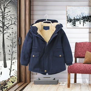 Manteaux en polaire unie pour garçons, bleu marine, à capuche, avec fermeture éclair, écologiques, coupe-vent, épais, en coton teint, pour l'hiver, 2-7 ans, vente en gros - Product Image 1