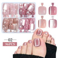 4 Couleurs/Boîte 96 Pièces Faux Ongles d'Orteils en ABS Effet Œil de Chat Style Français Couverture Complète, Capsules d'Ongles d'Orteils Artificiels à Presser