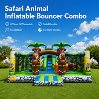 Château gonflable Jungle Park pour enfants, combo toboggan et structure gonflable, animaux de la savane, pour divertissement en plein air