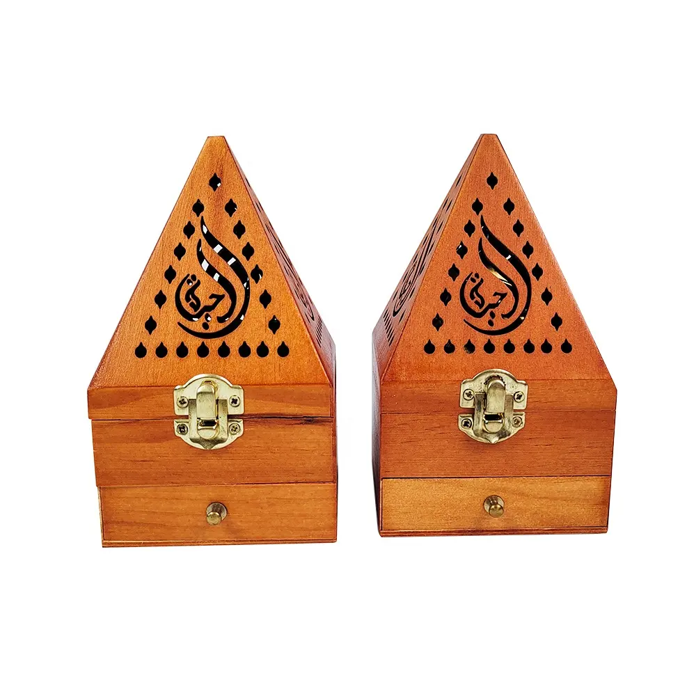 Custom Gift High Quality Classical Style Pyramid Double Layer Arabic Ramadan Or Home Decoration Wooden Incense Burner Box
