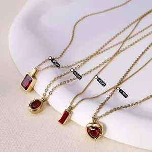 Trendy Red Zircon Crystal Pendant Stainless Steel Necklace Luxury Exquisite Women Wedding Jewelry Valentine's Day Gift