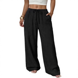 Pantalon en lin taille haute pour femme, coupe ample, couleur unie, respirant, brodé, avec cordon de serrage, décontracté, pour l'été et la plage - Product Image 3