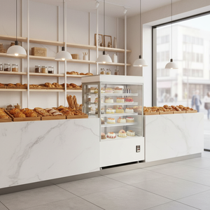 ตู้โชว์เค้กแบบโค้งกระจกเชิงพาณิชย์ ตู้โชว์เค้กแบบทำความ<span class=keywords><strong>เย็น</strong></span>ด้วยอากาศสแตนเลส - Product Image 3