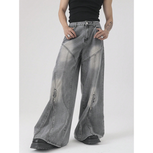 <span class=keywords><strong>Jeans</strong></span> Oversize a <span class=keywords><strong>Gamba</strong></span> <span class=keywords><strong>Larga</strong></span> da Uomo in Denim Grigio Effetto Acid-Wash con Cerniera Laterale Unisex Stile Futuristico - Product Image 2