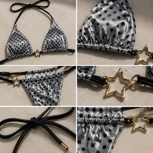 Ensemble de bikini pour femmes à imprimé pois métalliques, haut triangle à col halter, bas string avec décoration étoile, maillot de bain extensible - Product Image 2