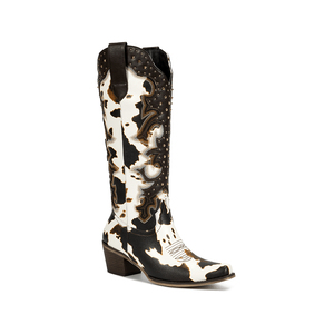 WETKISS <span class=keywords><strong>Stivali</strong></span> da Cowgirl Western da Donna con MOQ Basso, <span class=keywords><strong>Stivali</strong></span> <span class=keywords><strong>Alti</strong></span> al Ginocchio con Stampa Mucca e Borchie, Punta Affusolata, Tacco Largo, <span class=keywords><strong>Stivali</strong></span> Lunghi da Cowboy per il Giorno di Gioco - Product Image 1