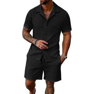 FOXA Mens Velour Shirt And Shorts Set Short Sleeve Button <b>Down</b> Casual Outfit Breathable Polyester 2 Piece - Product Image 1