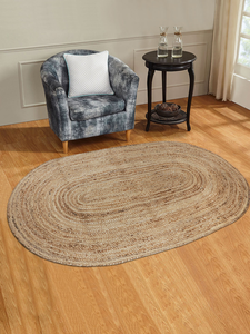 Premium Quality Modern Oval Shape Jute <b>Rug</b> Indian Village Hand Braided Vibrant Beige <b>Grey</b> Abstract Design <b>for</b> Office Living Set - Product Image 5