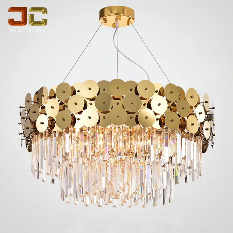 Stainless steel titanium golden round chandelier hotel light fixture gold crystal pendant for luxury villa room