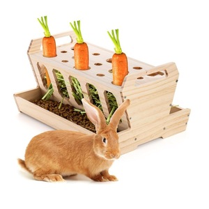 Comedero de madera para conejos y hámsters con almacenamiento de heno y zanahorias, diseño desmontable en la parte superior - Product Image 2