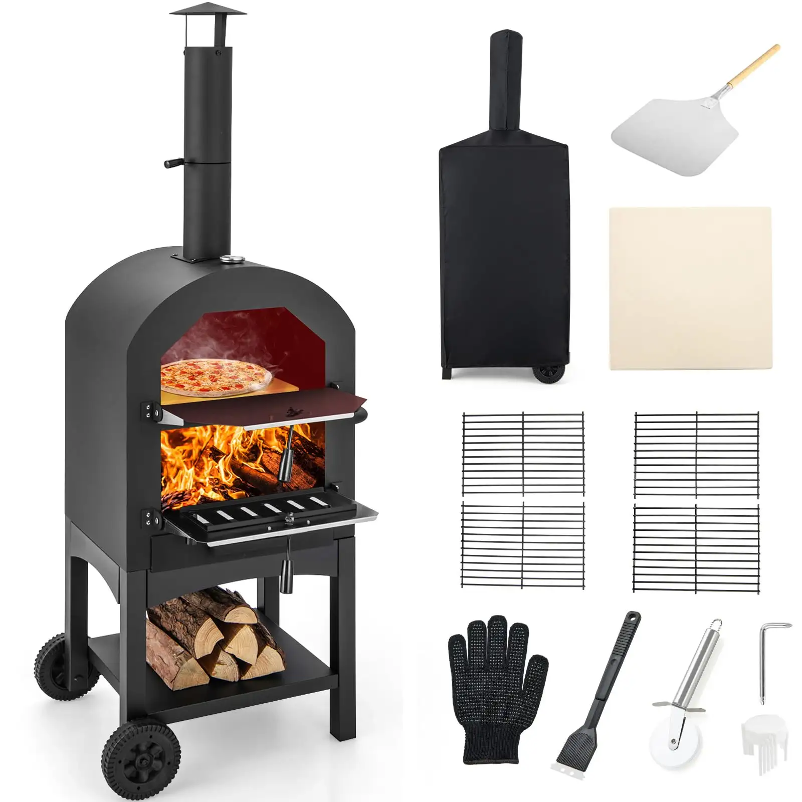 Outdoor Forno Per Pizze Houtgestookte Houtskool Pizza Maker Trolly Grill Broodroosters Hout Pizza Oven Met Pizza Steen Schil Covers