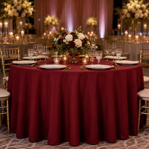 Wholesale Burgundy <b>Round</b> Polyester Tablecloth Plain Woven Fabric for Wedding Banquet Hotel Event - Product Image 1