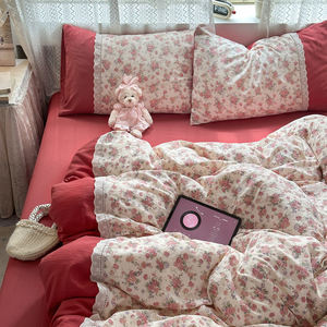 Design floral dentelle creuse douce 4 pièces housse de <span class=keywords><strong>couette</strong></span> ensemble <span class=keywords><strong>nuage</strong></span> sentiment Double couche fil lavé microfibre drap de lit ensemble de literie - Product Image 2