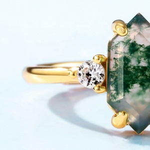 Wholesale 925 Silver Jewelry Retro Gemstone <strong>Ring</strong> Gold Plated Hexagon Shape Natural Green <strong>Moss</strong> <strong>Agate</strong> <strong>Ring</strong> - Product Image 5