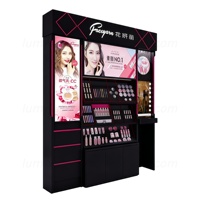 Exhibidor de Piso de Madera Todo en Uno con Luz LED, Letrero Publicitario, Espejo de Maquillaje y Cajones para Exhibición de Cosméticos en Tiendas