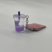 Porte-clés en acrylique 3D mignon en forme de chat, avec pendentif bouteille de thé au lait Boba et accessoires suspendus effet sable mouvant, petit porte-clés anime en plastique