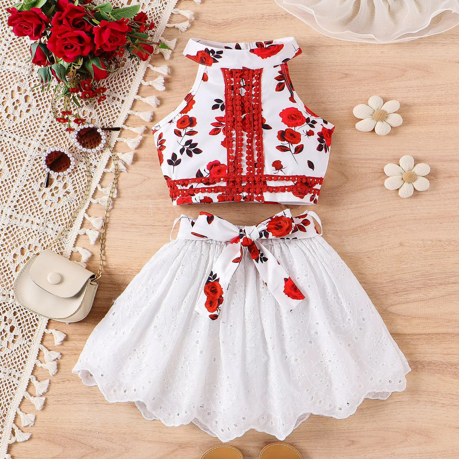 2024 Bé Cô Gái Mùa Hè Quần Áo Halter Cổ Hoa Top Rắn Ngắn Váy Với Vành Đai 2Pcs Quần Áo Cho Cô Gái Đầy Màu Sắc Bộ Cho Cô Gái