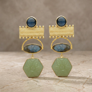 Boucles d'oreilles pendantes en labradorite et jade dorées, faites à la main, plaquées or, bijoux ethniques pour mariage et fiançailles - Product Image 2