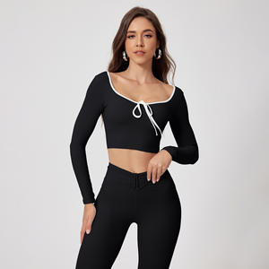 Logo personalizzato girocollo nudo sensazione allenamento <span class=keywords><strong>Yoga</strong></span> set Activewear abbigliamento sportivo con lacci manica lunga a vita alta da donna set da palestra - Product Image 3