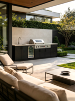 Îlot de cuisine extérieur moderne en acier inoxydable noir avec pergola, barbecue au gaz naturel à allumage électronique intégré