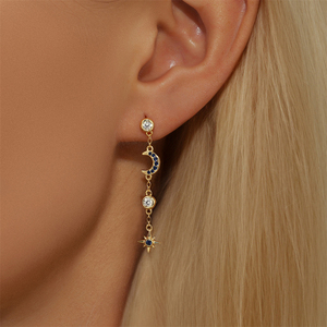 Boucles d'oreilles longues à pampilles en argent S925, motif géométrique étoile et lune - Product Image 5