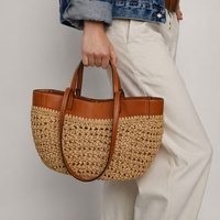 Sac fourre-tout en paille tressée à double poignée RTS Designer, avec dessus en cuir PU, sac à bandoulière de plage pour femme, grand sac à main color block