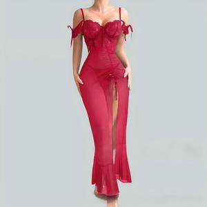 Corset sexy brodé respirant bleu marine en dentelle à fente haute et volants pour femme, idéal pour la nuit de noces, avec ourlet floral à volants - Product Image 6