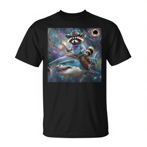 Camiseta con diseño de mapache montado en tiburón Rainbow Galaxy Meme, ajuste estándar unisex para adultos - Product Image 2