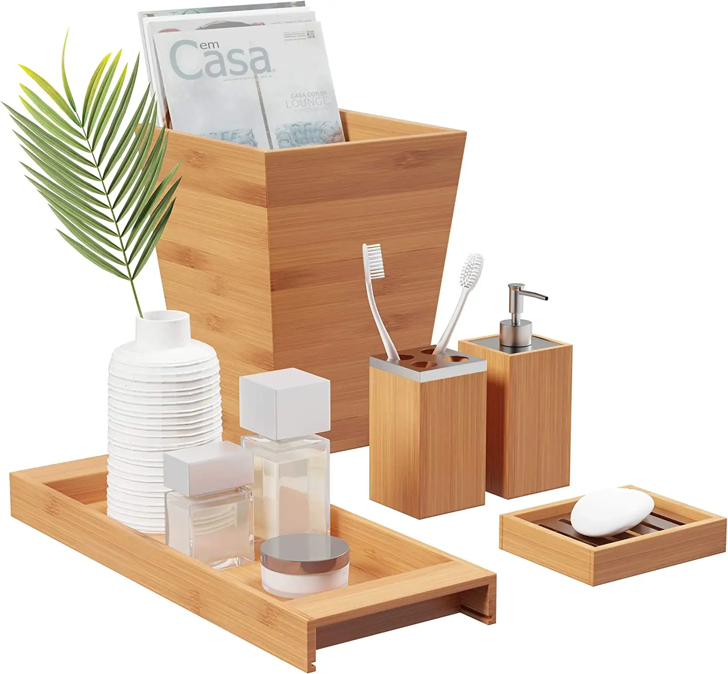 Ensemble de décoration de salle de bain 5 pièces ensemble d'accessoires de salle de bain en bambou avec poubelle distributeur de savon porte-brosse à dents et plateau