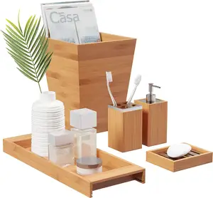 5-Piece Bathroom Decor Set Bamboo Bathroom Accessories Set with Trash Can Soap Dish Soap Dispenser Toothbrush Holder and Tray