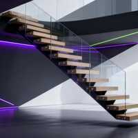 Escalier flottant moderne en bois massif pour intérieur, avec rampe en verre/bois, marches en acier et bois avec éclairage LED, écologique, couleur personnalisable