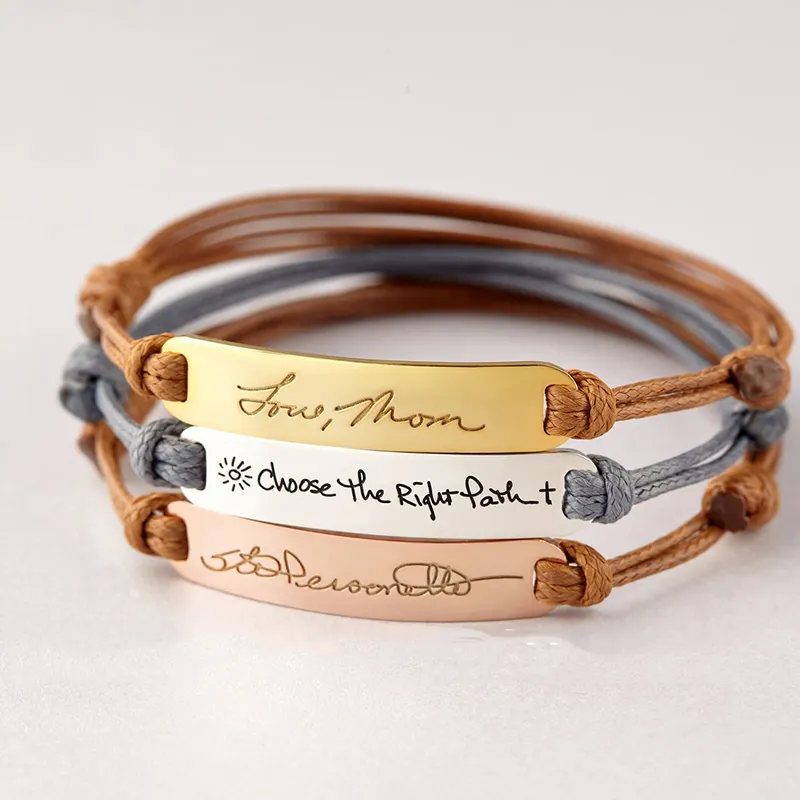 Pulsera de cuerda de colores trenzada ajustable para hombre y mujer, brazalete con grabado en barra, chapado en oro de 18k, joyería personalizada