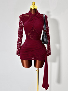 Viviblook Z0203DS03 Women Evening Dress Solid Color High Neck Knitted <b>Lace</b> Patchwork See Though Dresses for Women - Product Image 3