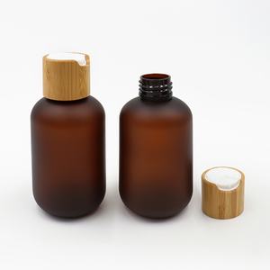 Flacon de lotion 4oz 8oz 16oz en plastique PET ambré dépoli avec bouchon disque en bambou et pompe en bambou pour cosmétiques, bain et douche - Product Image 5
