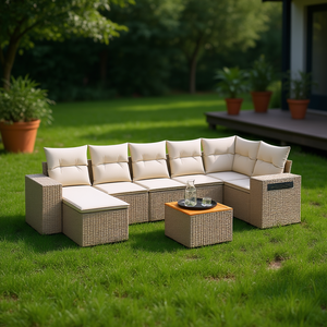 Ensemble de canapés de jardin en rotin beige 6 places, mobilier d'extérieur contemporain résistant aux intempéries - Product Image 2