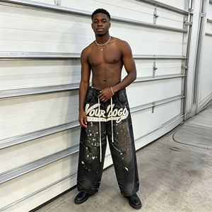 Jeans OEM Personalizados con Lavado Ecológico Estilo Vintage Hip Hop, Pantalones Vaqueros Casuales con Lavado Ácido, Apliques de Diamantes de Imitación y Diseño a Mano - Product Image 3