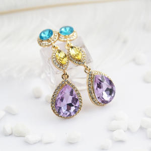 Boucles d'oreilles pendantes en cristal doré avec améthyste en forme de goutte et pierres bleues et jaunes pour femmes, bijoux de fête, style classique - Product Image 4