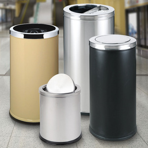 Cubo de Basura de Acero Inoxidable con Tapa Abatible, Cilíndrico, para Interiores y Exteriores, Pintado en Negro, Acero Pulido con Arena Plateada, Tamaño Grande - Product Image 1