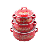 Coffret de 3 casseroles émaillées Cooks Tradition avec couvercle décoré de fleurs pour soupes et bouillons – Batterie de cuisine durable pour le camping