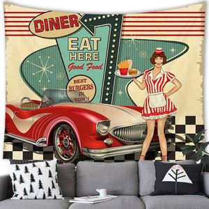 Tapiz Vintage Estilo Americano con Estampado Retro de Autos y Camareras, Decoración de Pared con Textura de Piel de Durazno, Ideal como Fondo para Sala de Estar o Bar - Product Image 1