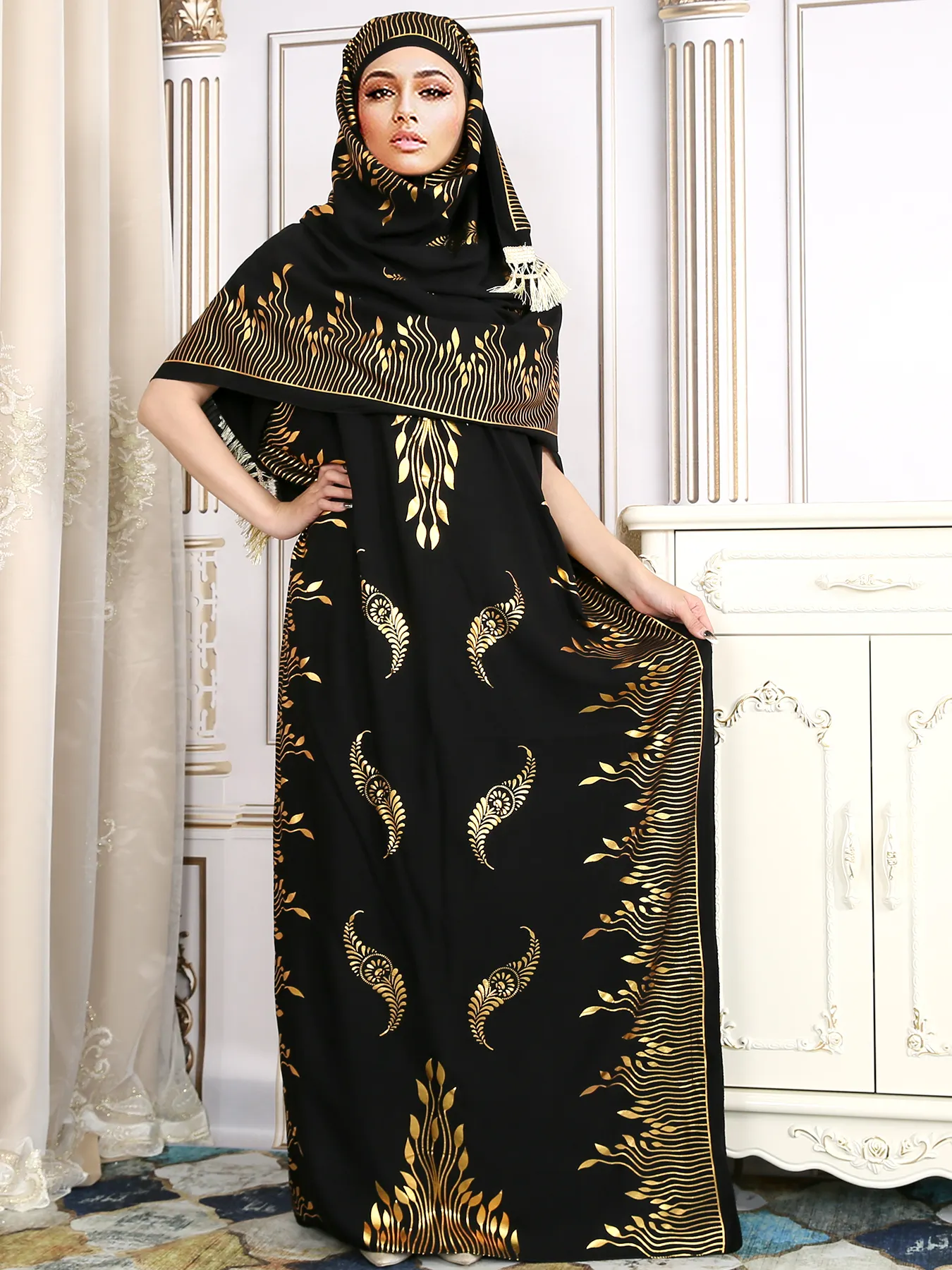 Wholesale Muslim Dubai 2 Set Muslim Dress Open Abaya Floral Printing Islamic Clothing Loose swing Muslim Dress