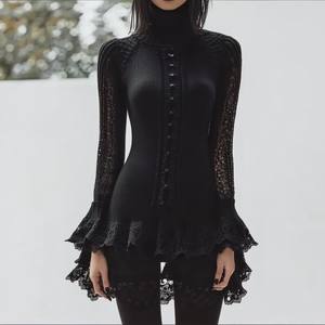 Nouveautés 2026 Robes en dentelle pour femmes <span class=keywords><strong>Pull</strong></span> personnalisé à manches longues Col rond Noir Vintage <span class=keywords><strong>Gothique</strong></span> Mini <span class=keywords><strong>robe</strong></span> en tricot - Product Image 2