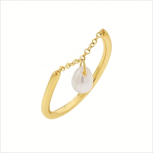 Joyería Personalizada, Nuevo Diseño, Anillo de Plata de Ley 925 con Cadena de Perlas Solitarias, Anillos de Joyería Fina Chapados en Oro de 14K para Mujer - Product Image 1