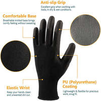 Gants de travail de sécurité personnalisés en polyester nylon 13G noir avec paume enduite de PU, gants antidérapants en polyuréthane, gants enduits de PU